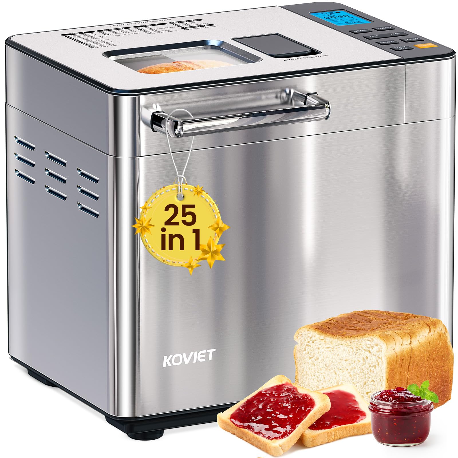 25-in-1 Gluten-Free Bread Maker with Automatic Dual Dispenser, Stainless Steel 2LB Machine for Dough, Jam, Yogurt Making