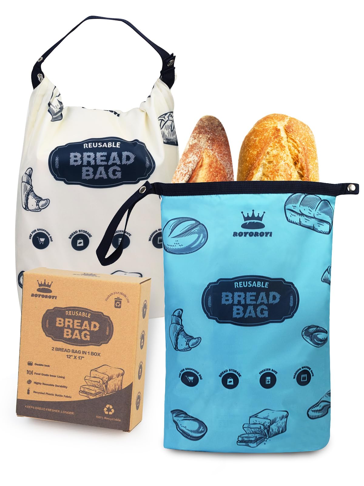 Royoroyi Reusable Bread Bags for Homemade Bread, Water-resistant Freezer Storage, Gift Giving (Beige, Jewel Blue)  
Royo